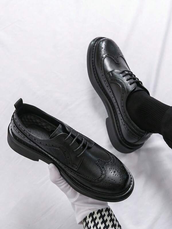 男士休闲复古系带正装鞋，透气布洛克风格婚礼及办公乐福鞋