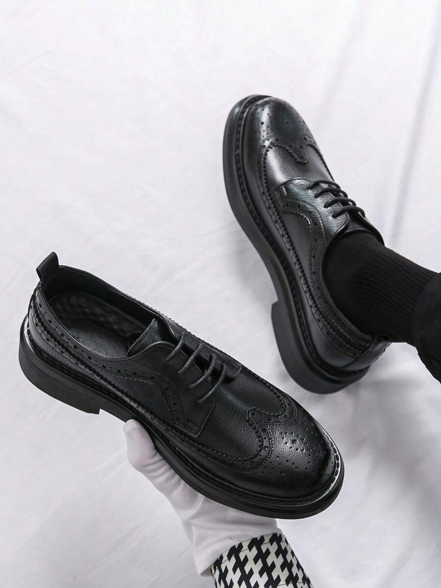 男士休闲复古系带正装鞋，透气布洛克风格婚礼及办公乐福鞋 - 黑色 - 查看 1