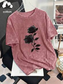 Plus Size Women's Casual Rose Vine Print Round Neck Short Sleeve T-Shirt, Suitable For Spring, Summer And Autumn - Hot Pink - View 6
