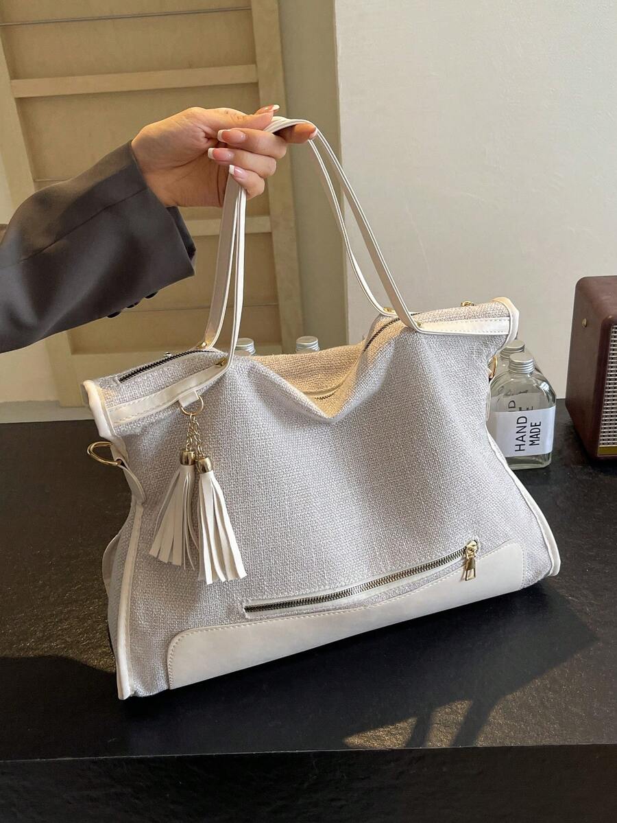 Women's Minimalist Color Block Fringe Zipper Decor Tote Bag