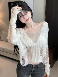 New Arrival Spring/Summer Sweet Innocent Hollow-Out Ripped Knit Sweater, Unique & Gorgeous Top, - Milky White - View 6