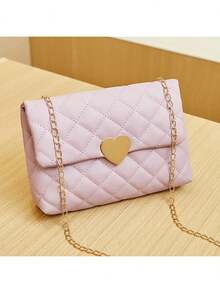 1个女孩时尚金属心形扣菱形包，优雅链条单肩斜挎包，多功能通勤方包，精美礼物 - 彩色 - 查看 3