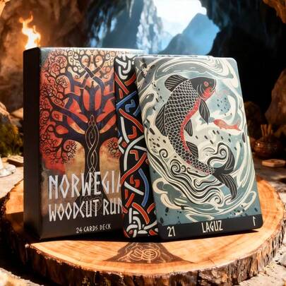 36张神秘挪威木刻符文神谕卡套装 - 精美木刻艺术，培养洞察力，缓解压力，促进自我反思 - 适用于个人灵性成长、团体探索、内省、情绪调节 - 是高级神谕卡使用者、灵性研究者、自我发现爱好者、艺术爱好者以及寻求减压人士的理想之选
