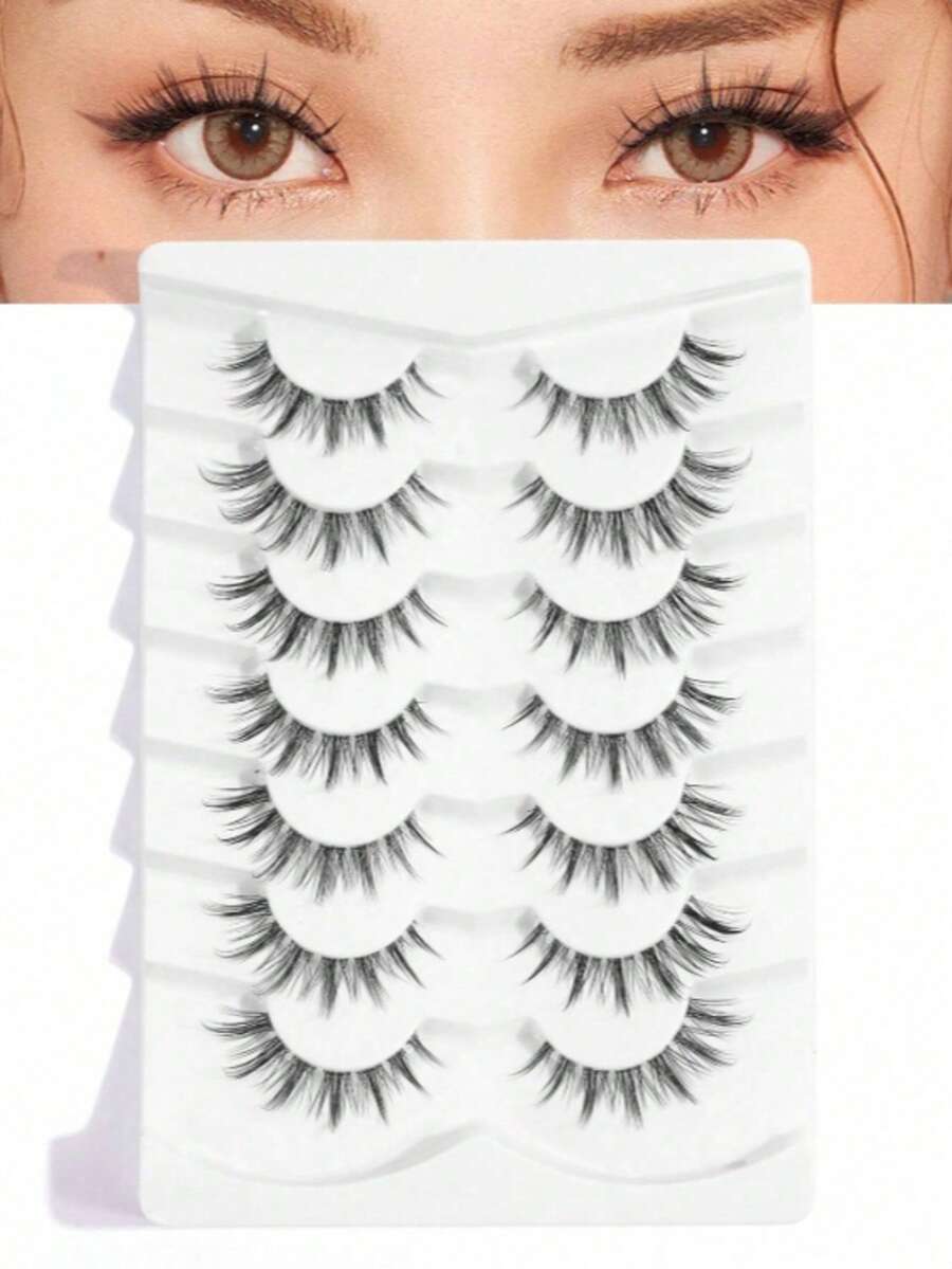 7 Pairs Of Natural Cross-Full Head False Eyelashes, Transparent Lash Stems, Suitable For Daily Wear, Comic Style, Travel Essential - Black - View 1