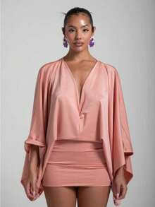 2025 Women's Summer New Arrivals Solid Color V-Neck Patchwork Casual Ultra-Short Versatile Dress - Red - View 2