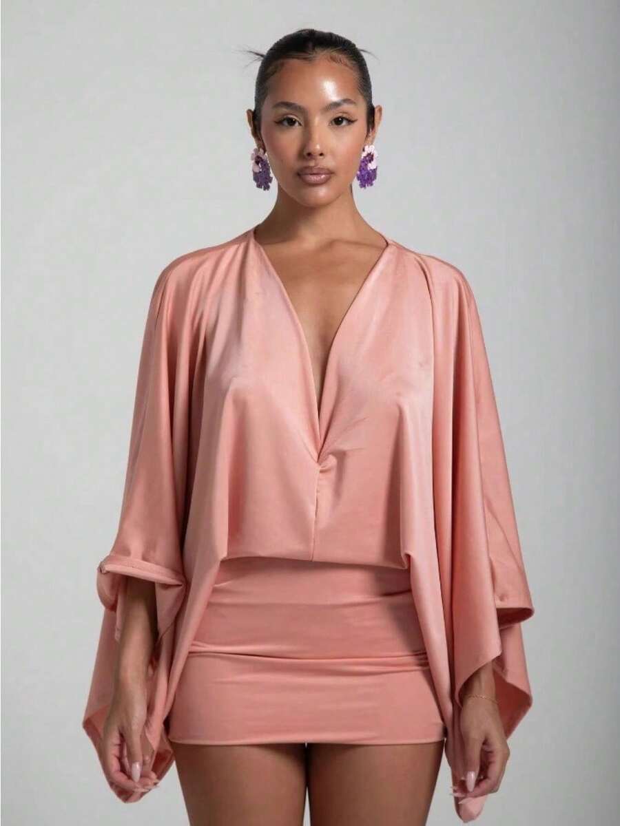 2025 Women's Summer New Arrivals Solid Color V-Neck Patchwork Casual Ultra-Short Versatile Dress - 紅色 - 查看 1