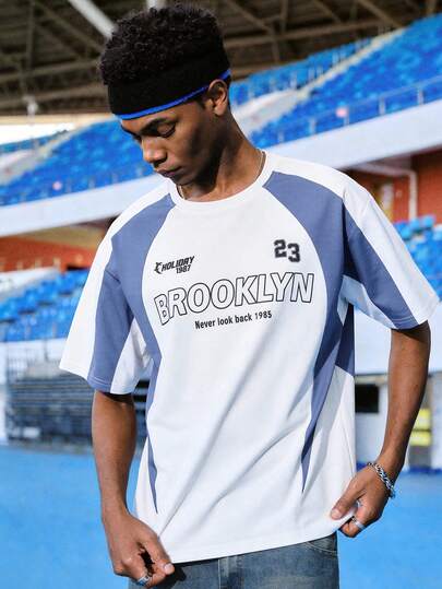 EVRINFINITE Men Contrast Color Patchwork Color Block Crew Neck Short Sleeve Letter Graphic Printed Casual T-Shirt, Vacation, For Friends