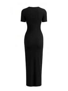 EARO 女士长款开衩紧身连衣裙，高端设计感，时尚休闲百搭，可作内搭或外穿，紧身褶皱小圆领短袖弹力迷你连衣裙，黑色，夏季优雅之选 - 黑色 - 查看 3