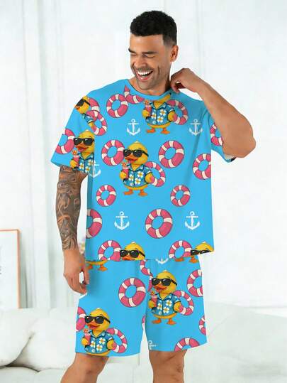 Plus Size Men's Pajama Set | Round Neck Short Sleeve Top And Elastic Waist Casual Shorts, 2 Piece Set | Polyester Knit Fabric, Skin-Friendly Breathable Loose Fit | Cute Swimming Ring Beach Duck Print Casual Design