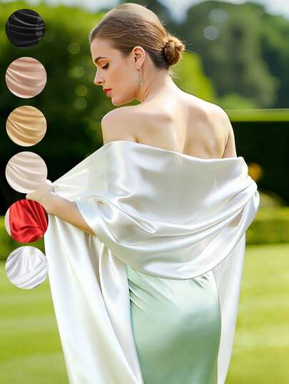 1件优雅简约缎面披肩/围巾，女士款，220*65厘米大号，适合婚礼、派对礼服、新娘礼服配饰，柔软垂坠，显瘦效果