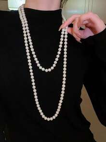 石佳珍珠多层长项链，优雅毛衣链，百搭高端秋冬项链 - 白色 - 查看 7