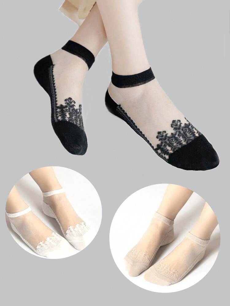5/10/15 Pairs Women's Transparent Glass Silk Stockings, Black Lace Mid-Calf Socks, Colorful Solid Breathable Low-Cut Socks, Transparent, Suitable For Spring, Summer, Daily And Casual Wear - Multicolor - View 6