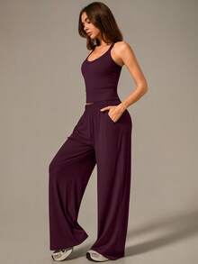 NcmRyu 1 Set Women Spaghetti Strap Ribbed Camisole And Wide Leg Pants Sports Suit - Purple - View 10