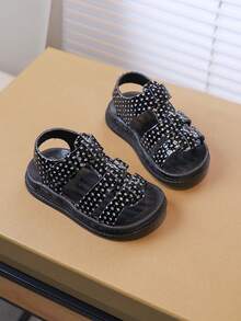 Kids Rhinestone Open Toe Sandals, Girls Magic Tape Closure Easy On/Off, Non-Slip Soft Sole, Kindergarten Outdoor Casual Sandals - Black - View 4