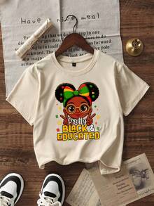 Girls & Teenagers Students Casual Printed Black Crew Neck Short Sleeve T-Shirt Top, Summer - Apricot - View 2
