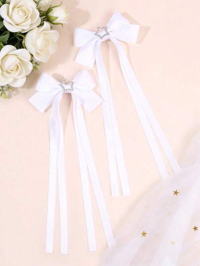 2 Pcs Wedding Season Solid Color Rhinestone Bow Hair Clips For Girls, Sparkling Star Hair Barrettes, Elegant Long Tail Bow Design, Minimalist Ins-Style Solid Bow Hairpin, Spring & Summer Fairy , Elegant Headdress For Braiding, Ponytails, And Buns. Perfect For Street Photography, Spring & Summer Daily Wear, Wedding Party, Princess Girls Hair Accessories,