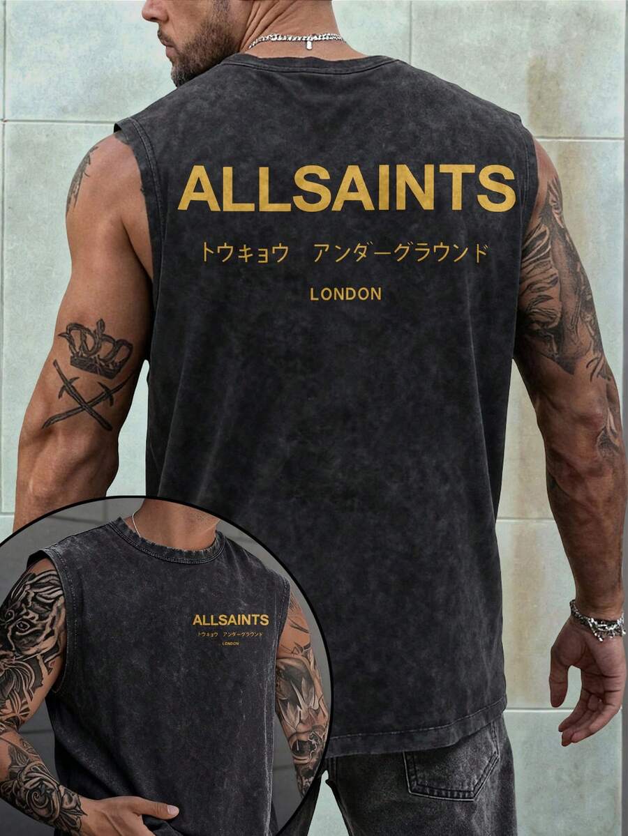Men's Printed Vintage Washed Vest, Loose Fit, Casual Street Style, An Essential Everyday Item. - màu đen - Xem 1