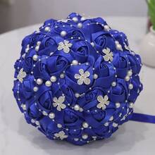 1件手工串珠新娘婚礼捧花，闪亮银色水晶缎带玫瑰，酒红色、海军蓝、浅紫色布艺永生花，人造布艺玫瑰捧花 W224 - 新娘手捧花 - 查看 6