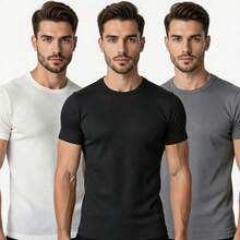 Kit Of 3 Men's Ribbed T-Shirts, American Slim Fit, 100% Cotton - White, Black and Gray - View 2