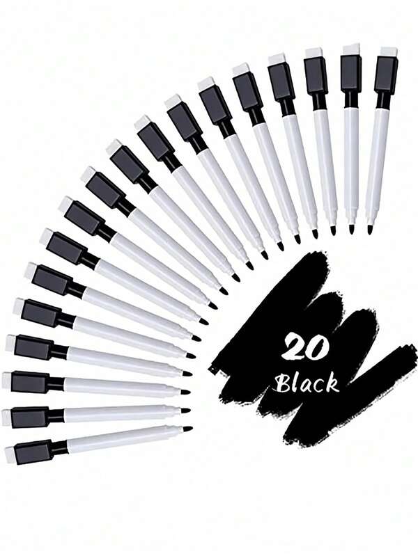 20pcs/Set Reusable Dry Erase Markers, Portable, High-Quality Black Ink, Black/White Barrel, Washable Water-Based Ink, With Eraser Brush, Back To School, Whiteboard Markers With Eraser Brush For Office & Teaching, Random Color And Style For Back To School Season