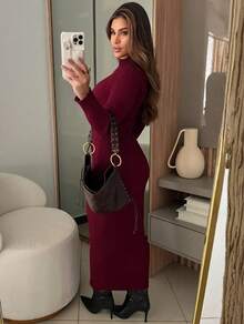 Anastacia Women's Ribbed Long Sleeve Dress In Modal Yarn - 酒紅色 - 查看 2