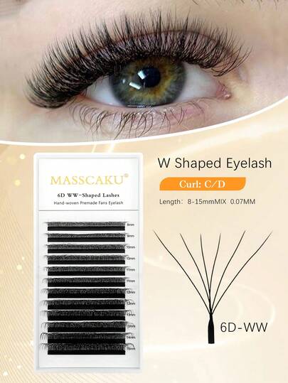 12Rows MASSCAKU W Shape Eyelash Extension 6D Volume Cluster Premade Fans Eye Lashes 8-15mm MIX C/D Faux Mink Matte Black Easy Fanning False Eyelashes