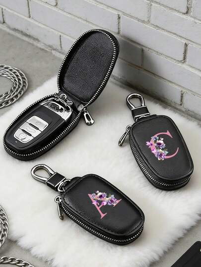 Minimalist Key Holder,26 Letters A-Z Flower Ben Printing Car Key Case, PU Imitation Leather Organizer,PU Keychain Wallet, Zippered Bag, Car Key Organizer, Key Holder For Car, Home, And Office - Ideal For Valentine'S Day, Graduation, And Teacher'S Day,For Key Storage And Organization,Unisex Design, Travel Accessory, Elegant Jewelry, Quality Craftsmanship, Professional Accessory,Gift For Men & Women.
