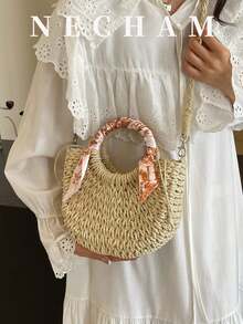 1 pieza Bolso de tote casual con forma de media luna de paja de moda, bolso de hombro versátil con estilo de campo francés - Beis - Ver 7