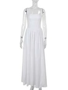 Women's Autumn New Elegant Solid Color Slim A-Line Maxi Dress - White - View 7