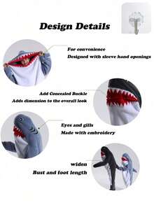 Sleeping bag(Shark) 1 Peça Cobertor com Capuz de Tubarão Adulto, Fantasia de Tubarão, Cobertor Vestível de Tubarão, Pijama de Tubarão Confortável, Cobertor com Capuz de Flanela Supersuave de Tubarão, Cobertor com Capuz de Tubarão Familiar, Saco de Dormir Vestível de Tubarão, Presente para Mulheres/Homens, Presente Personalizado, Cobertor com Capuz de Tubarão, Saco de Dormir Flanelado Aconchegante de Tubarão para Sofá, Novo Saco de Dormir Estilo Adulto Animal Fofo e Interessante, Pijama Animal - Multicolorido - Visão 8