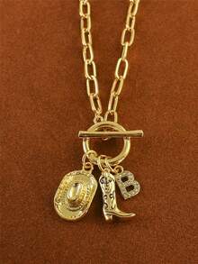 1pc Retro Classic Letter Western Cowboy Hat Pendant, With Gold Stainless Steel Paperclip Chain, Women Necklace - Yellow Gold - View 18