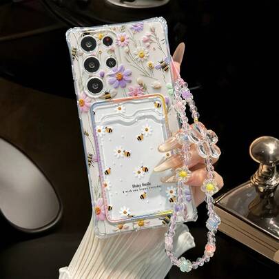 Funda de teléfono con tarjetero con diseño de flores lindas, estuche de teléfono transparente con abeja de dibujos animados y pintura colorida, cartera multifuncional con correa de muñeca, funda de teléfono gruesa y resistente a los golpes compatible con Samsung Galaxy S25/S25+/S25 Ultra, A16, A36, A26, A56, A50, A12, A32, A52, A72, A51, A21S, A13, A14, S24/S24+/S24 Ultra, S20, S23, S22, A53, S20 FE, S21, y compatible con Xiaomi 11/12 Pro/12/12X/13 Pro/14 Pro/15 Pro/X3 Pro, 10/9/Note 9/12C/Note 11 Pro/Note 8 Pro/9C/9A, versión internacional, no la versión nacional, regalo de cumpleaños de primavera