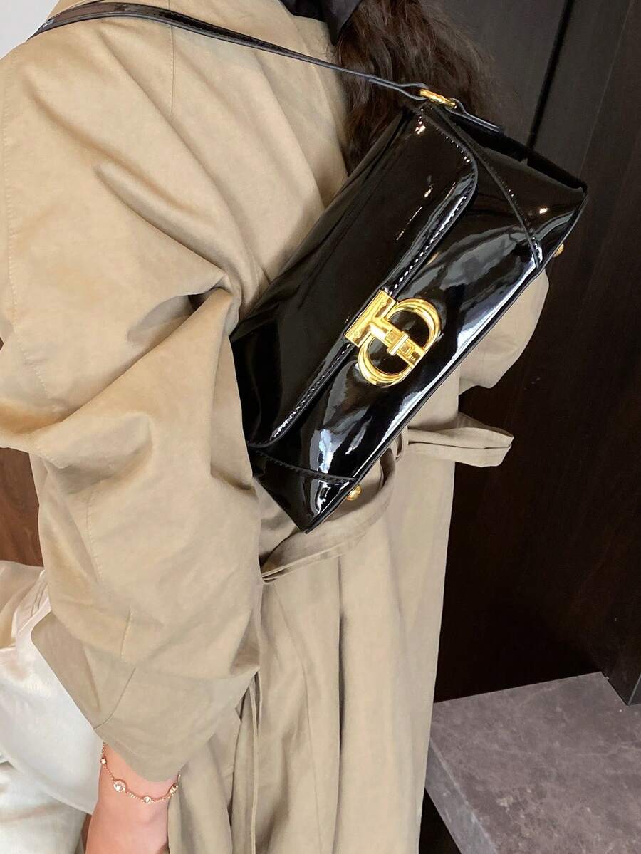 女士法式奢华漆皮法棍包，复古棕色腋下包，优雅单肩斜挎包 - 黑色 - 查看 1