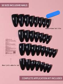 30pcs Almond Shaped Glossy Black Nail Stickers To Elevate Your Fashion Style! Medium Size Design For Perfect Fit, Acrylic Material, Includes 1pc Jelly Gel And 1pc Nail File. These Black Nail Stickers Are Suitable For Women And Girls To DIY For Daily, Work, Study And Party Use. - Black - View 3