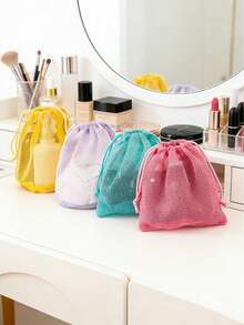 1pc Lightweight Breathable Drawstring Cosmetic Bag, Large Capacity Makeup Organizer Box, Portable Cotton Soft Towel Toiletry Travel Pouch, Multi-Functional Drainage Breathable Drawstring Bag - Multicolor - View 3