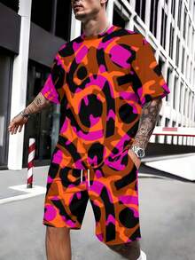 Two-Piece, Bold And Distinctive, Knitted Fabric, Visual Impact, Men's Street Casual, Summer Street Casual, Orange, Black And Pink Contrast Pattern, Men's Short-Sleeve Beach Pants Set - 彩色 - 查看 3