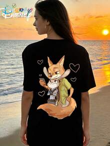 Disney Summer Fashion Single-Sided Printed Nick Wilde Round Neck Women's Loose Short Sleeved Shirt - 黑色 - 查看 1
