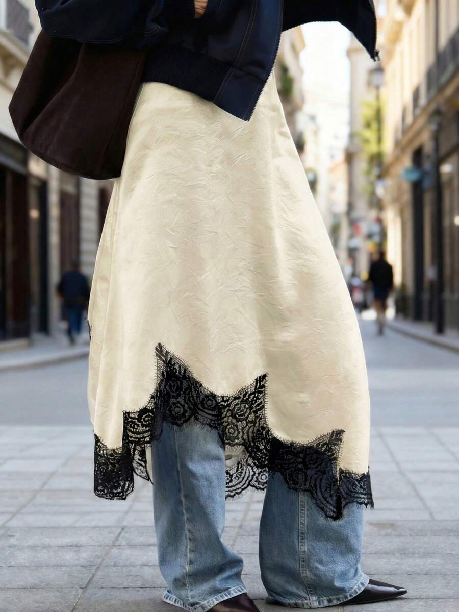 女士春夏优雅缎面撞色蕾丝边不对称半身裙，光泽亮丽，简约时尚，适合休闲和约会穿着。 - 杏色 - 查看 1