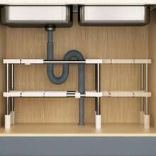 1 pieza Organizador expandible para debajo del fregadero, Estantería multifuncional de 2 niveles para ollas, Estantería de almacenamiento para gabinete de cocina, Accesorios organizadores para el baño - Blanco - Ver 5