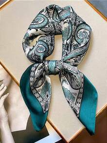 1条70*70厘米方形丝巾，女士缎面印花头巾，可作包巾、发带、时尚女士头巾、披肩、围巾、女士领巾、头巾、连衣裙 - 青色腰果2 - 查看 1