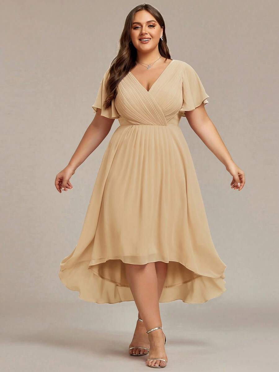 EVERPRETTY Plus Size Elegant Chiffon V-Neck Pleated Front Champagne Bridesmaid Dress, Soft High-Low Ruffle Hem, Suitable For Wedding, Formal Evening Events - Champagne - View 1