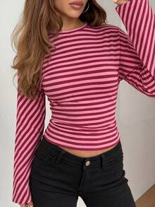 Minimalist Premium Color-Block Striped Cinched Waist Daily Date Street Party Women's Long Sleeve Top With Flared Loose Sleeves - Rusty Rose - View 2