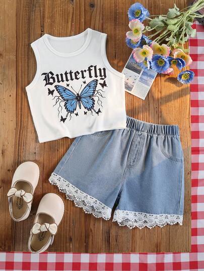 2pcs/Set Girls Outdoor Casual Vacation Summer Sweet Cute Butterfly Sleeveless Cropped Tank Top And Comfortable Personalized Simple Floral Denim Shorts Set