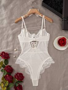 Lace Patchwork Tie-Up Sleeveless Jumpsuit, Summer - White - View 5