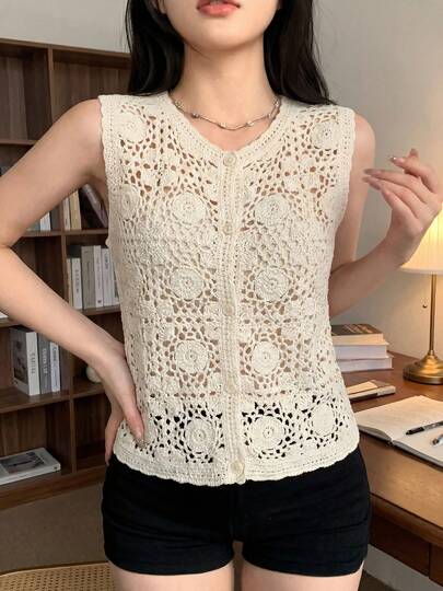 Wixra Blusa de punto de ganchillo de marfil para mujer, esencial de primavera casual con cardigan artístico vintage calado