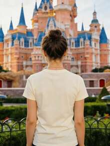 Disney Authorized Women's Casual Short Sleeve T-Shirt,  Sketch Line Art Print, Minimalist Retro Literary Style, Breathable Comfortable Fabric, Machine Washable, All-Match For Commute & Daily Wear - Màu be - Xem 2