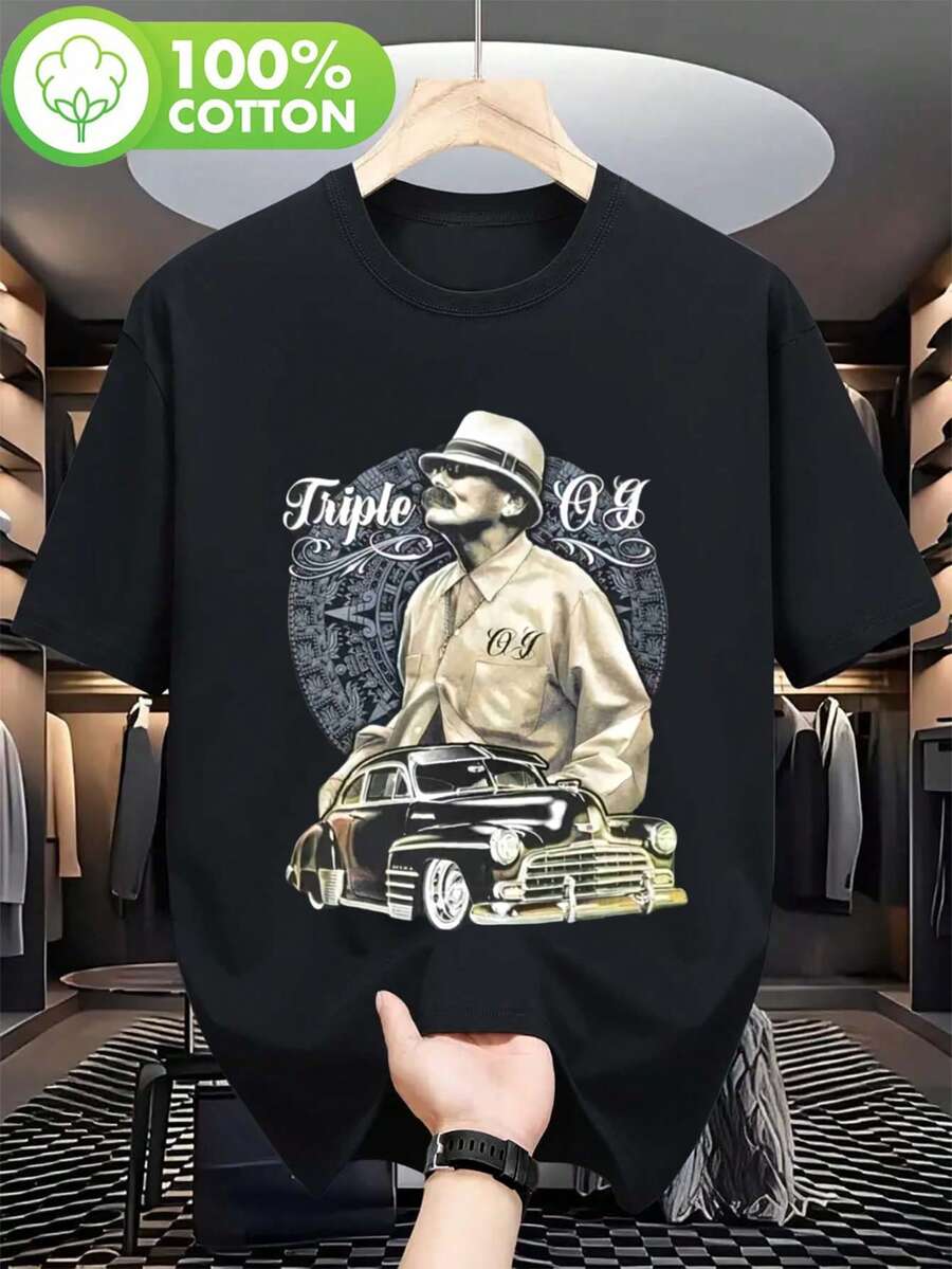 LocalPureAnd Men's Heavy Retro Low-Bottom Car And Triple OG Pattern T-Shirt-David Gonzales DGA Digital Printing, 70 S And 80 S Retro Style Short Sleeve T-Shirt, With Low-Bottom Car And Crip Walk Design, Machine Washable Casual Street Clothing - 黑色 - 查看 1