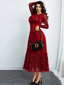 Sexy Elegant Vintage Fashion Lace Abstract Pattern Jacquard Double-Layer Lining Flared Dress, Work Commute Or Holiday Party Vacation Spring - Burgundy - View 7
