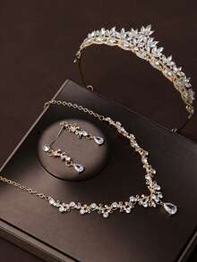 1/3/4pcs Luxury Crystal Queen Tiara & Jewelry Set - Zinc Alloy Crown, Crystal Necklace And Earrings, Suitable For Women Wedding, Dress And Events - Gold - View 4