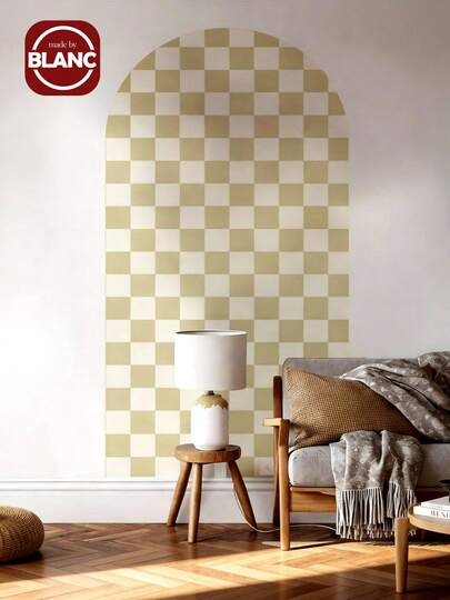 1pc Bohemian Style Arch Green Plaid Pattern PVC Wall Sticker | Self-Adhesive Mural Wallpaper, Suitable For Living Room, Bedroom, Home Decor, Semi-Matte Finish, Multi-Surface Application, Room Decor Sticker, Wall Decal
